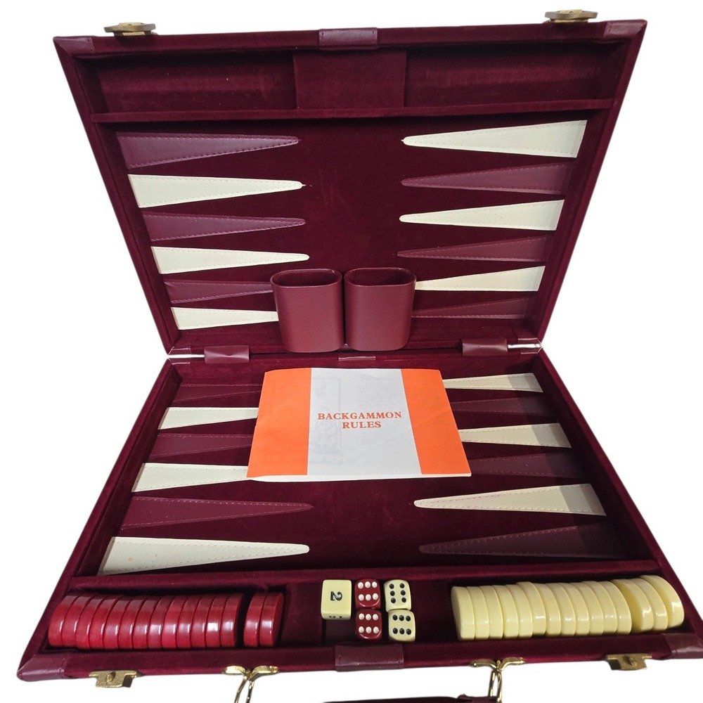Vintage Backgammon Set Burgundy Velvet Faux Leather Travel Case Complete Gold